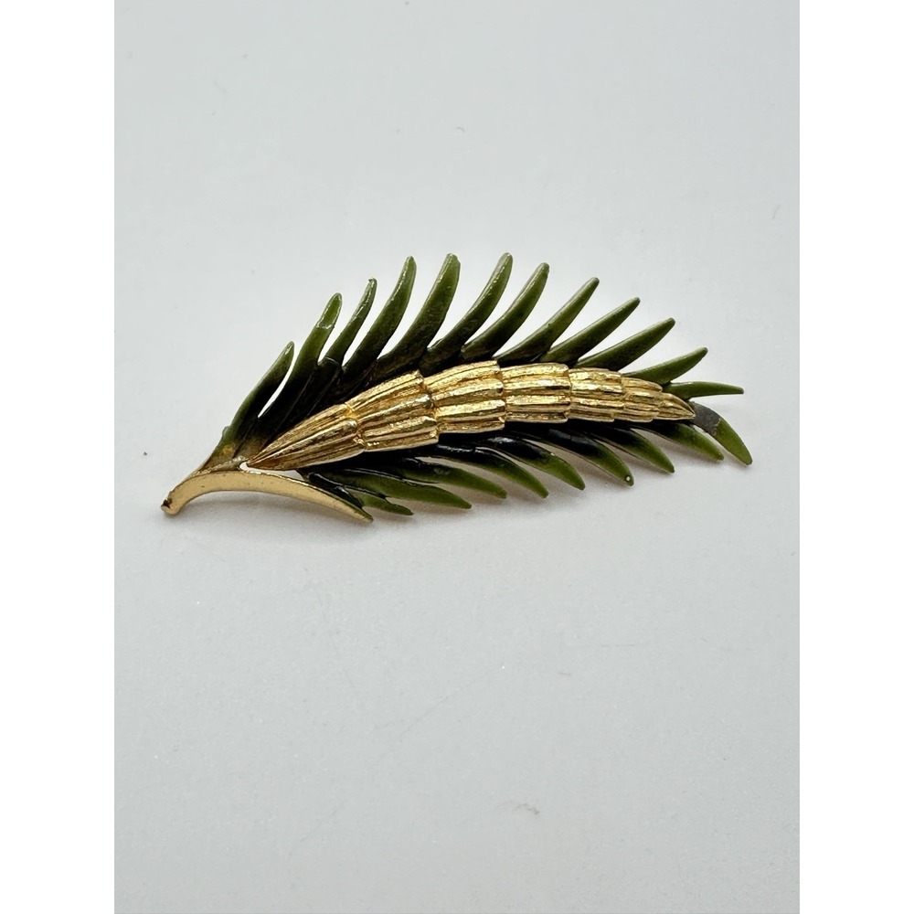 Vintage Piscitelli PIM Brooch Gold Tone‎ Branch Leaf Green Enamel MCM Beauty